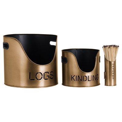 Bronze Finish Logs And Kindling Buckets And Matchstick Holder Set