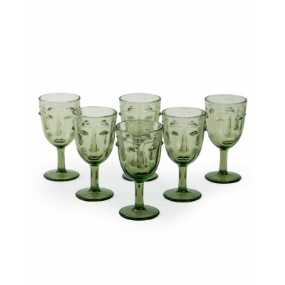 Set Of Six Green Deco Face Wine Glasses