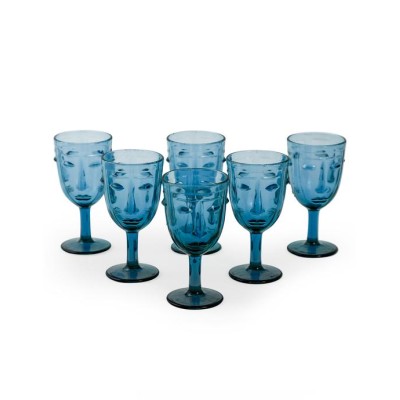 Set Of Six Blue Deco Face Wine Glasses