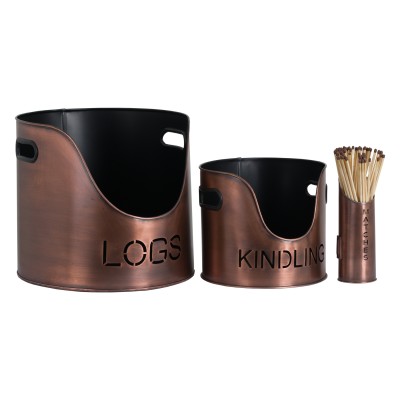 Copper Finish Logs And Kindling Buckets And Matchstick Holder Set