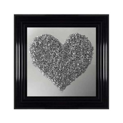 55x55 Mirrored Heart Crushed Silver With Black Frame