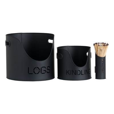 Black Finish Logs And Kindling Buckets And Matchstick Holder Set