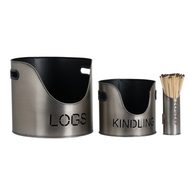 Pewter Finish Logs And Kindling Buckets And Matchstick Holder Set